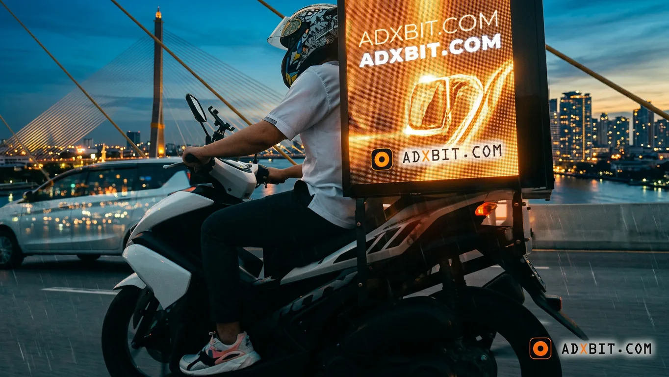 ADXBIT LED advertising scooter on a Bangkok bridge at dusk, AI-reimagined from original 2019 footage