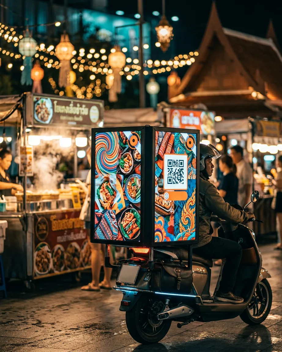 AI-reimagined premium view of an ADXBIT LED screen in a Bangkok night market