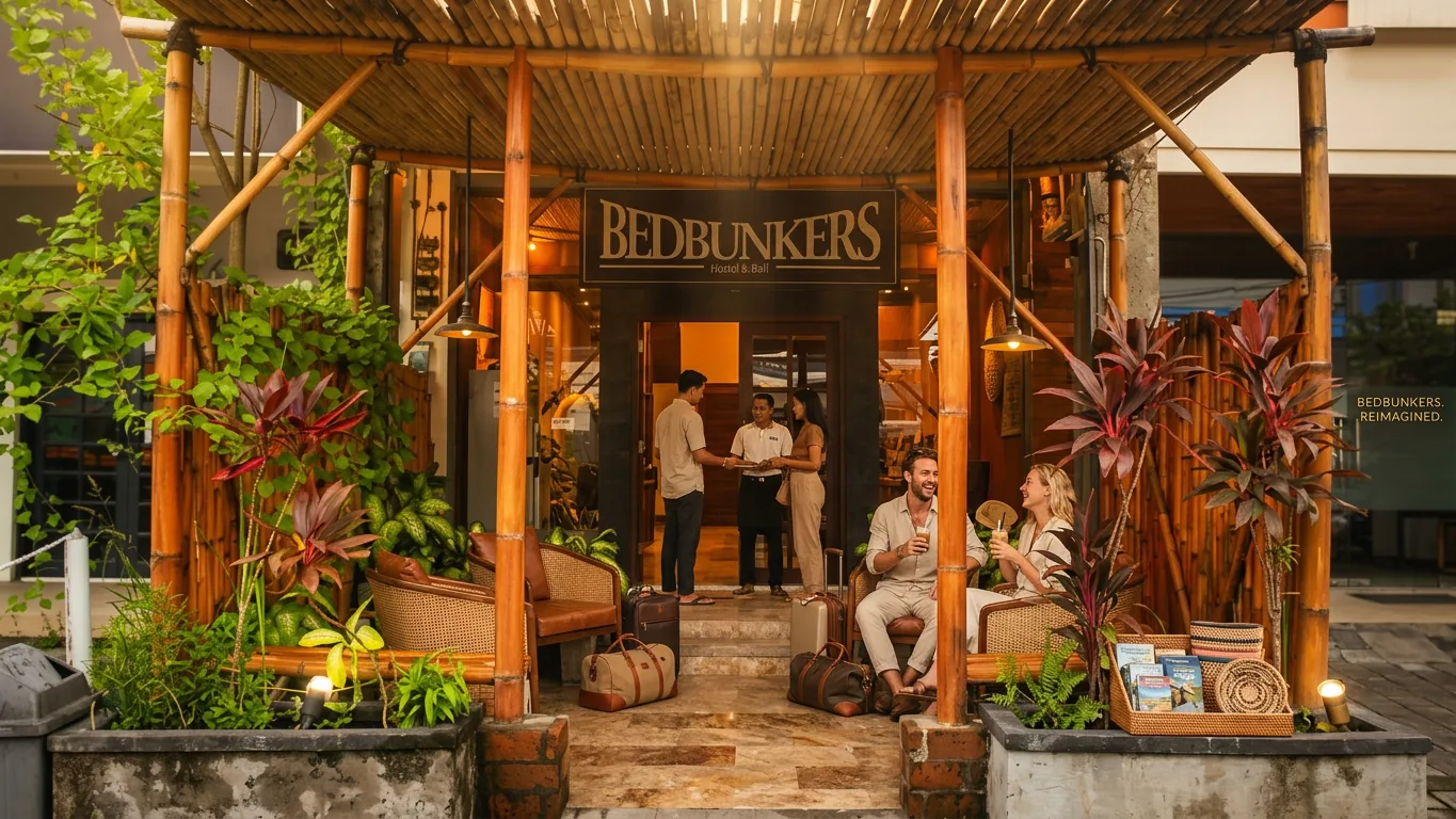 BEDBUNKERS hostel entrance in Bali at golden hour, AI-reimagined from original photography