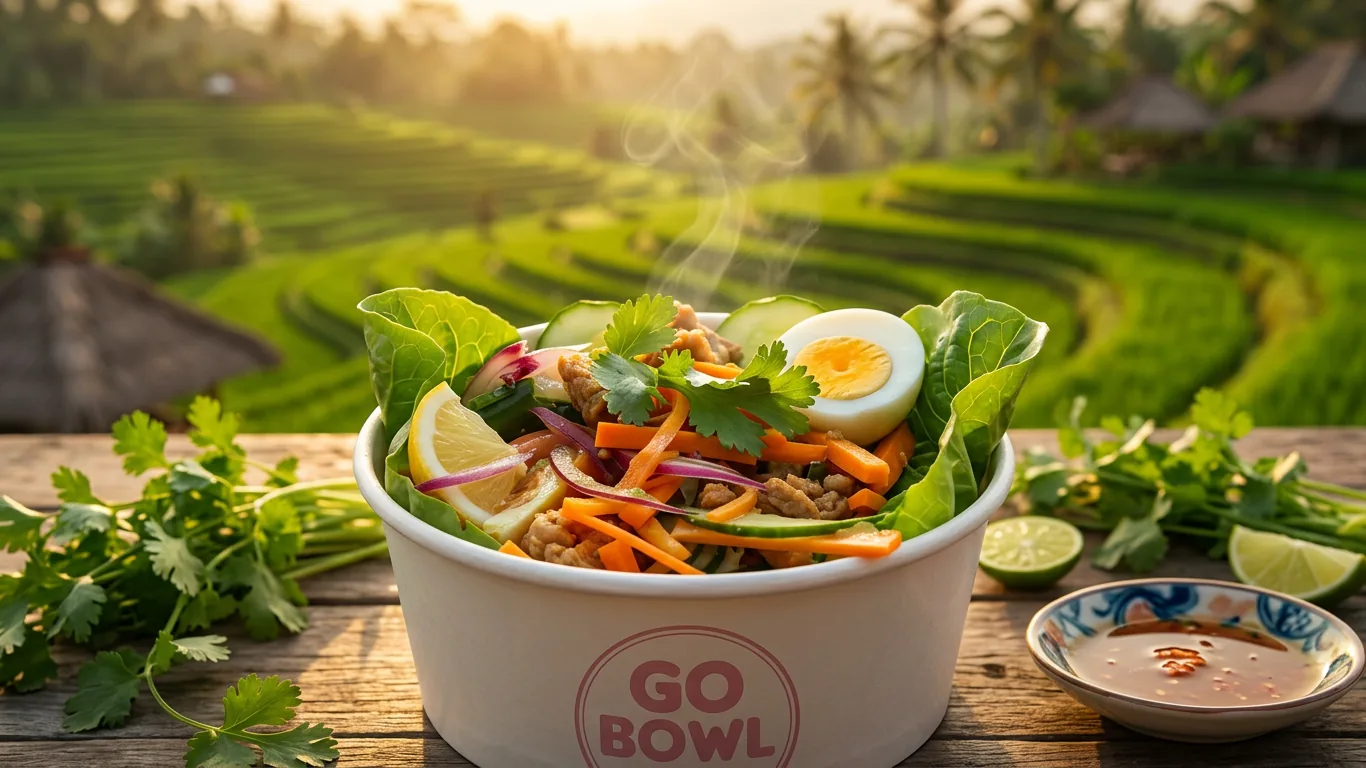 GOBOWL rice bowl in Bali rice terraces at golden hour, AI-reimagined from original photography