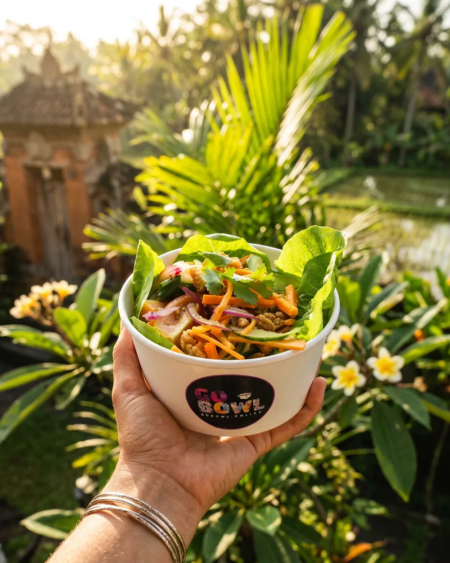 AI-reimagined premium view of a GOBOWL rice bowl carried in the Bali sun