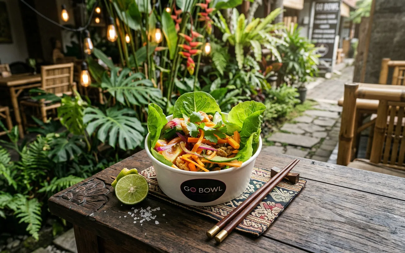 AI-reimagined premium view of a GOBOWL rice bowl in a Balinese cafe